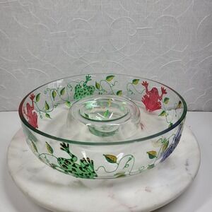 Hand Painted Frogs Chip & Dip Bowl Vine Leaf Clear Glass Signed Vikki 2000